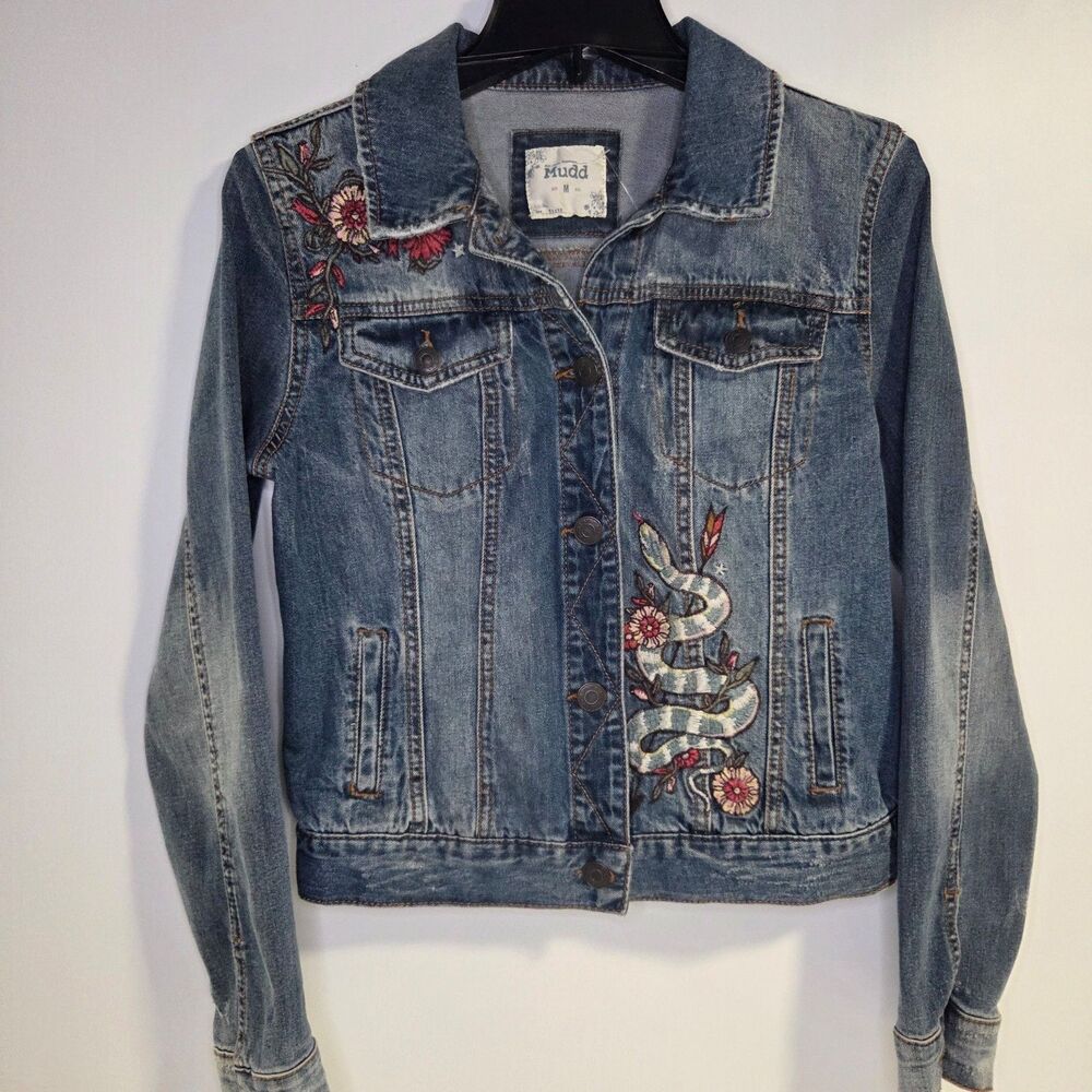 Mudd medium-wash denim jacket embroidered floral & snake Medium